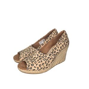TOMS Women's Leopard Print Wedge Sandals Size 7.5 Peep Toe Espadrille Slip On